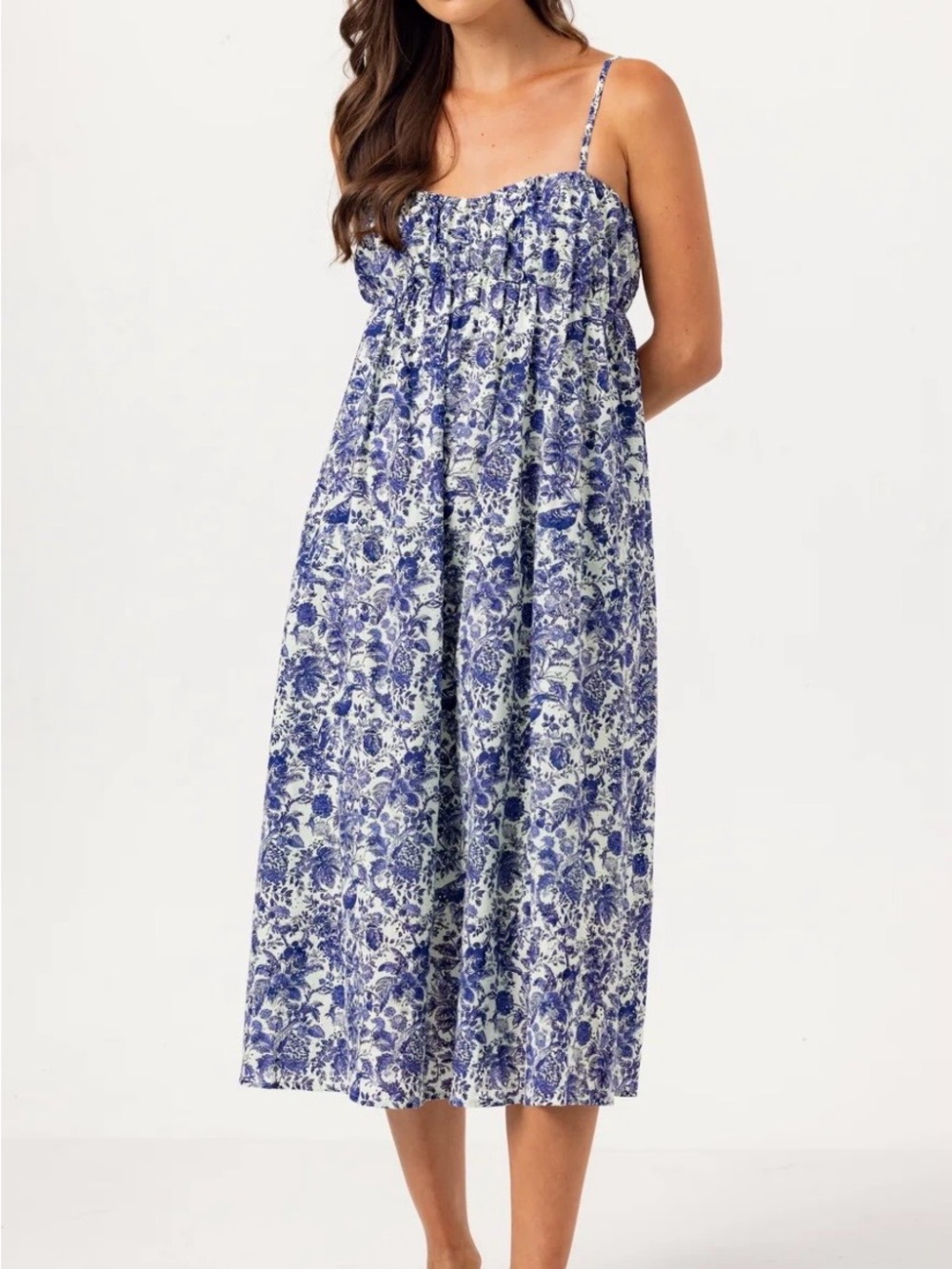 688. Sundays Blue and White Floral Spaghetti Strap Maxi Dress